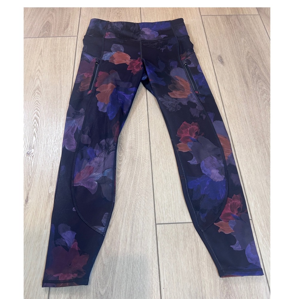 Athleta Rainier Printed Tight Leggings Medium Purple Blue Floral Zip Pockets - Picture 2 of 9